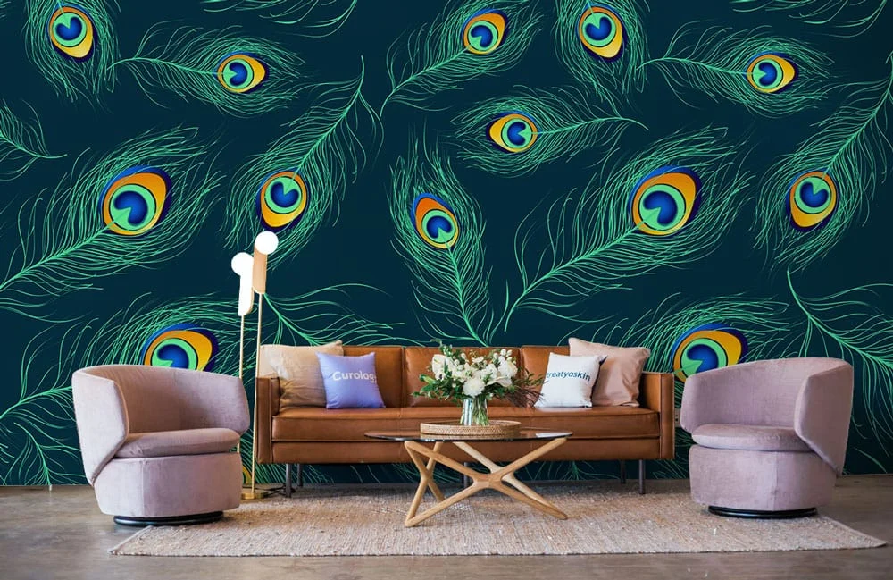 Vibrant Peacock Feather Pattern Wall Mural Wallpaper