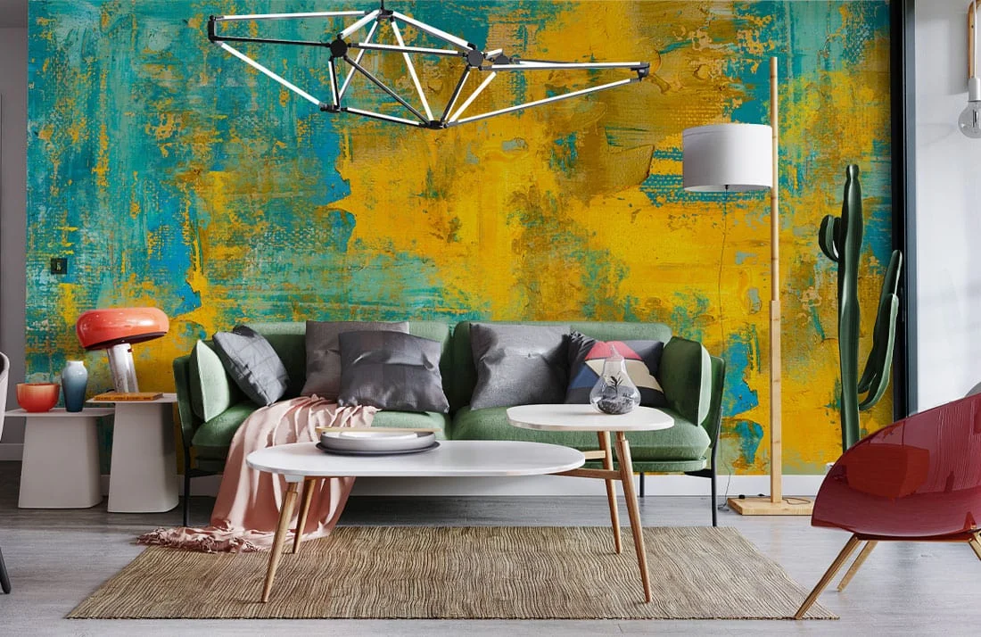 Abstract Blue Yellow Artistic Mural Wallpaper