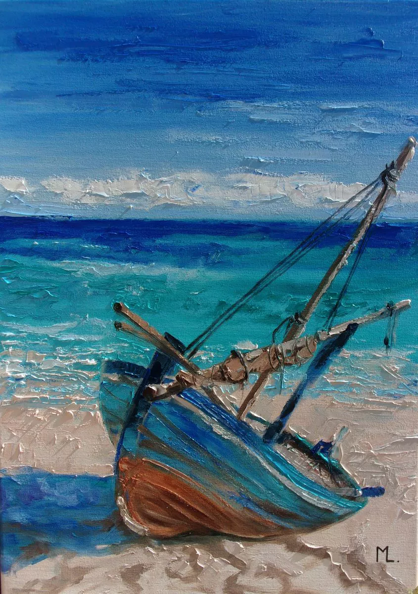 " RELAX IN BLUE " SHIP BOAT SAIL original painting palette knife GIFT MODERN URBAN ART OFFICE ART DECOR HOME DECOR GIFT IDEA (2019) Oil painting by Monika Luniak