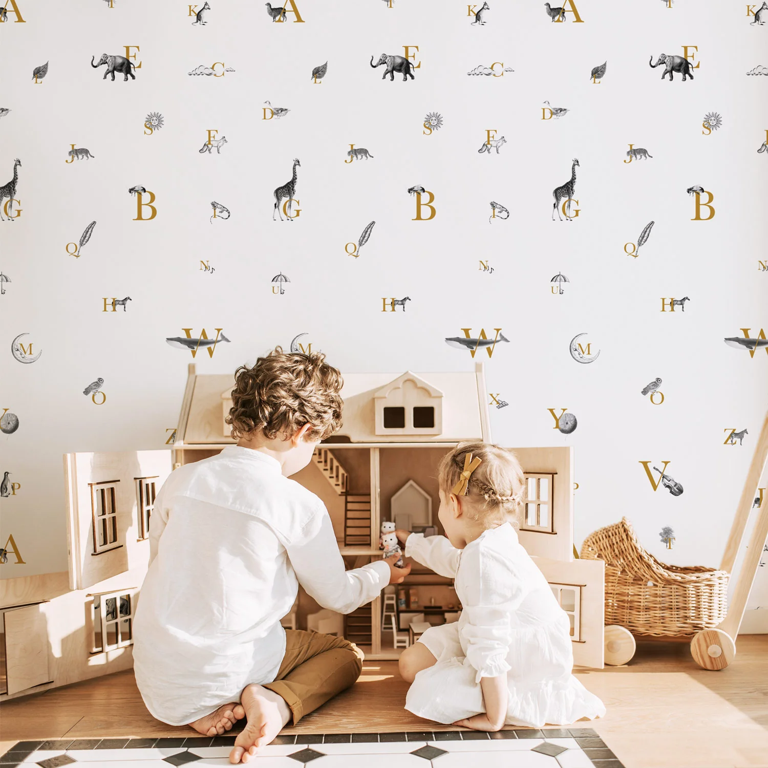 Alphabet pattern wallpaper with illustrations