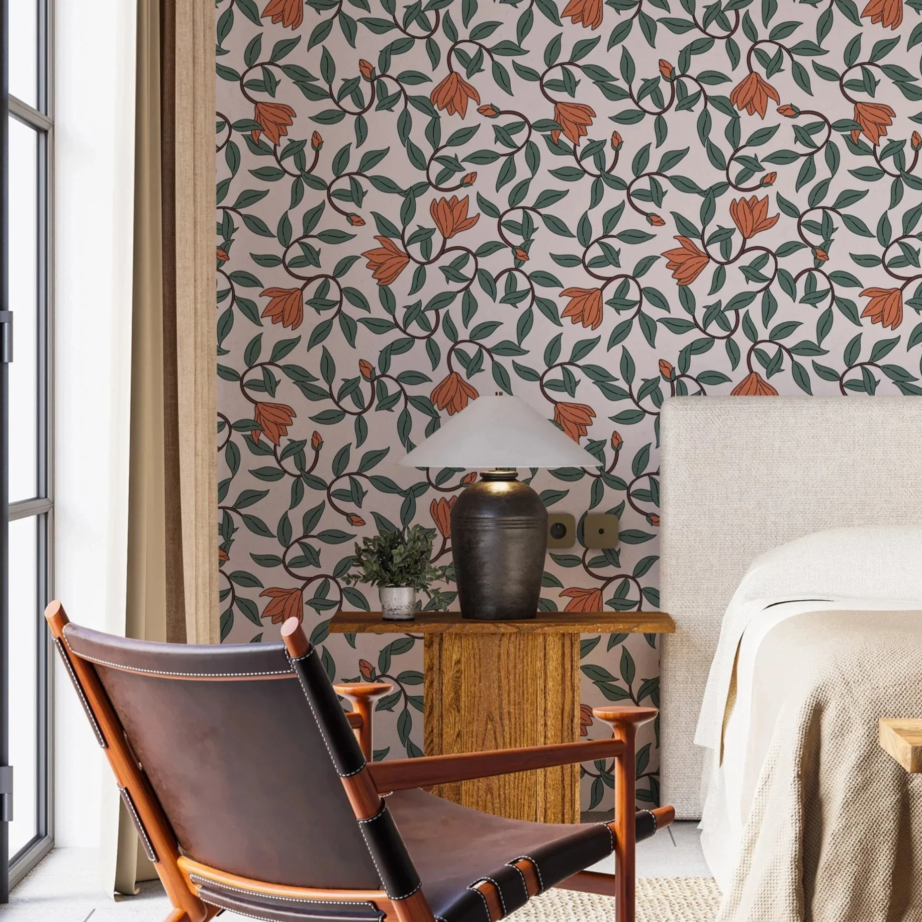 Art Nouveau Wallpaper - RetroBotanical Design with Orange Blooms