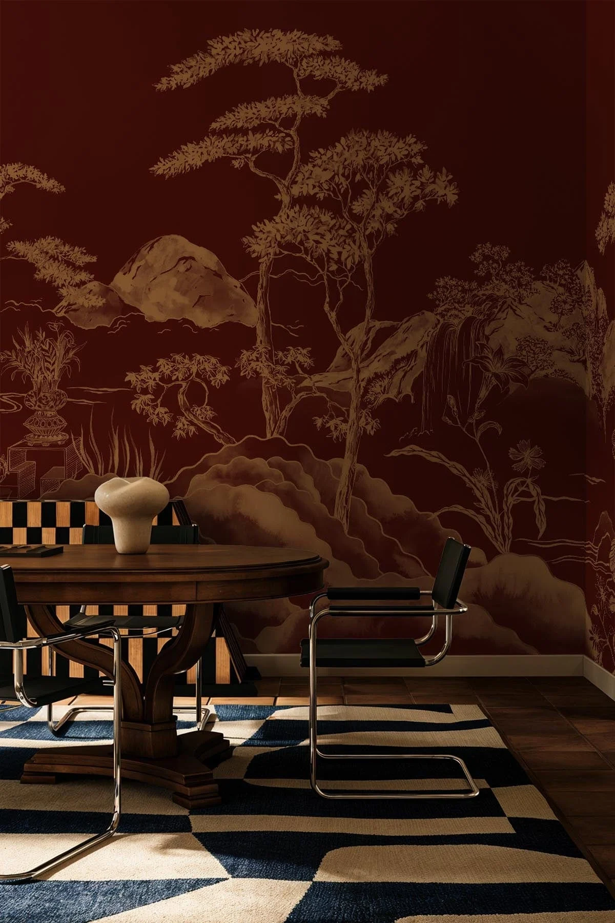 Asian Scenery Marsala Red