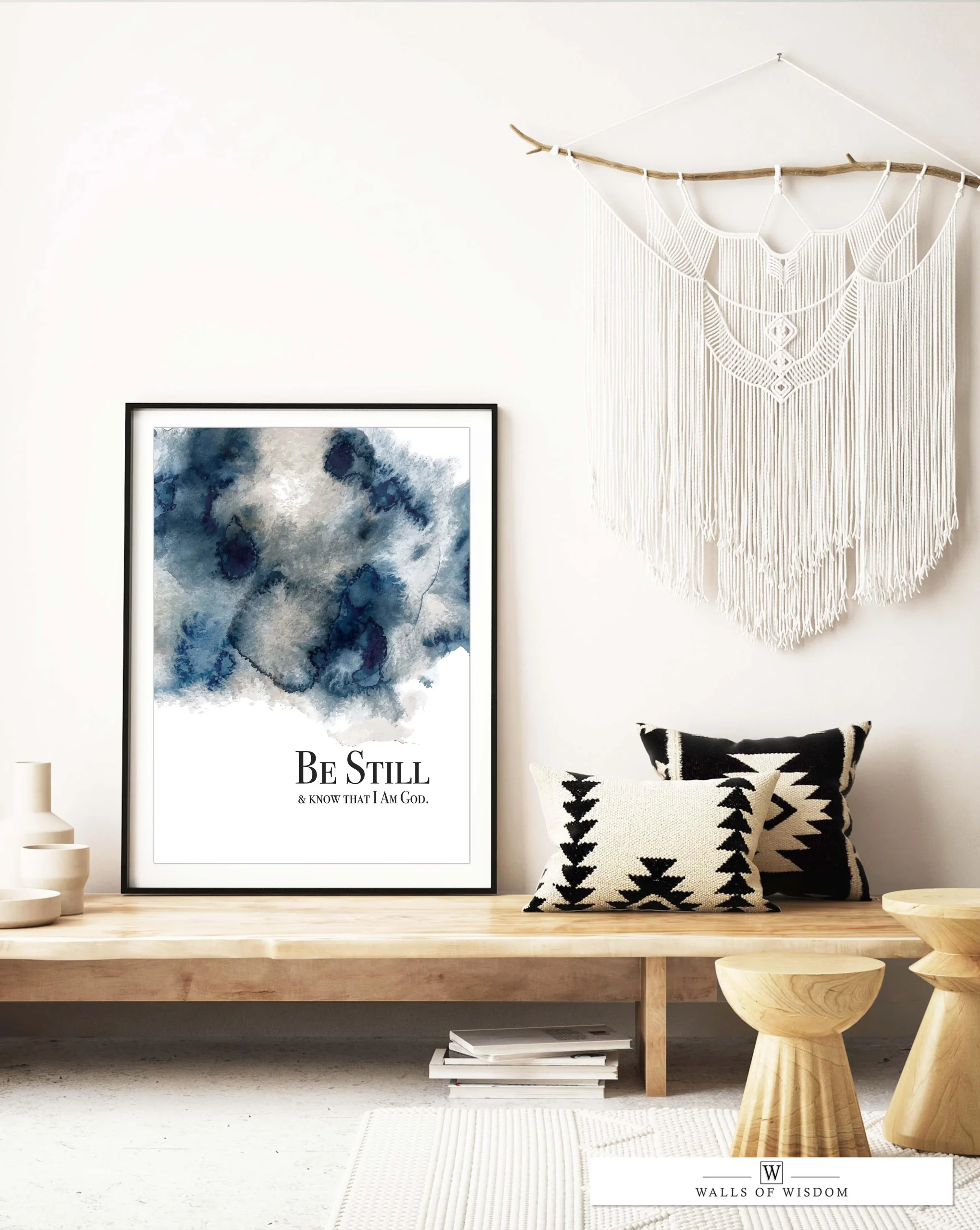 Be Still and Know Contemporary Christian Poster Print - Blue and Neutral Watercolor Motivational Quote Art
