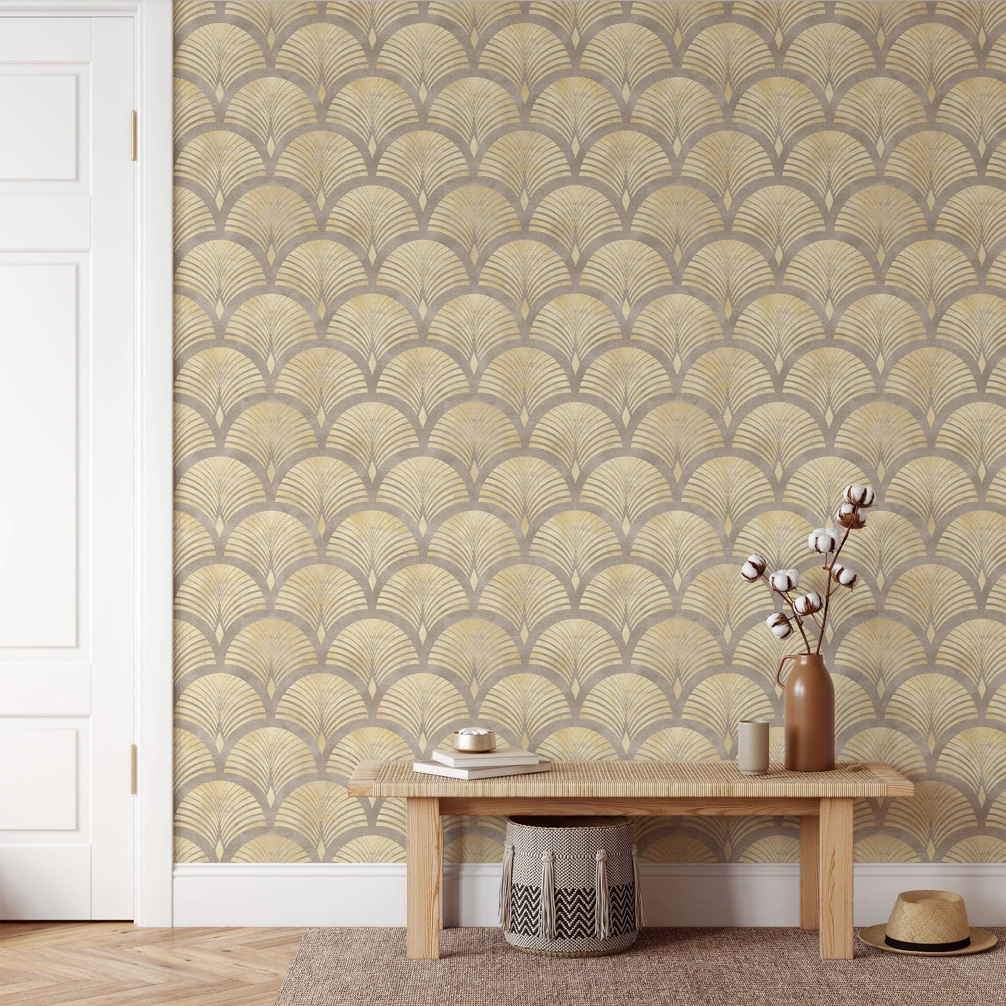 Beige Gold Effect Art Deco Style Luxury Wallpaper