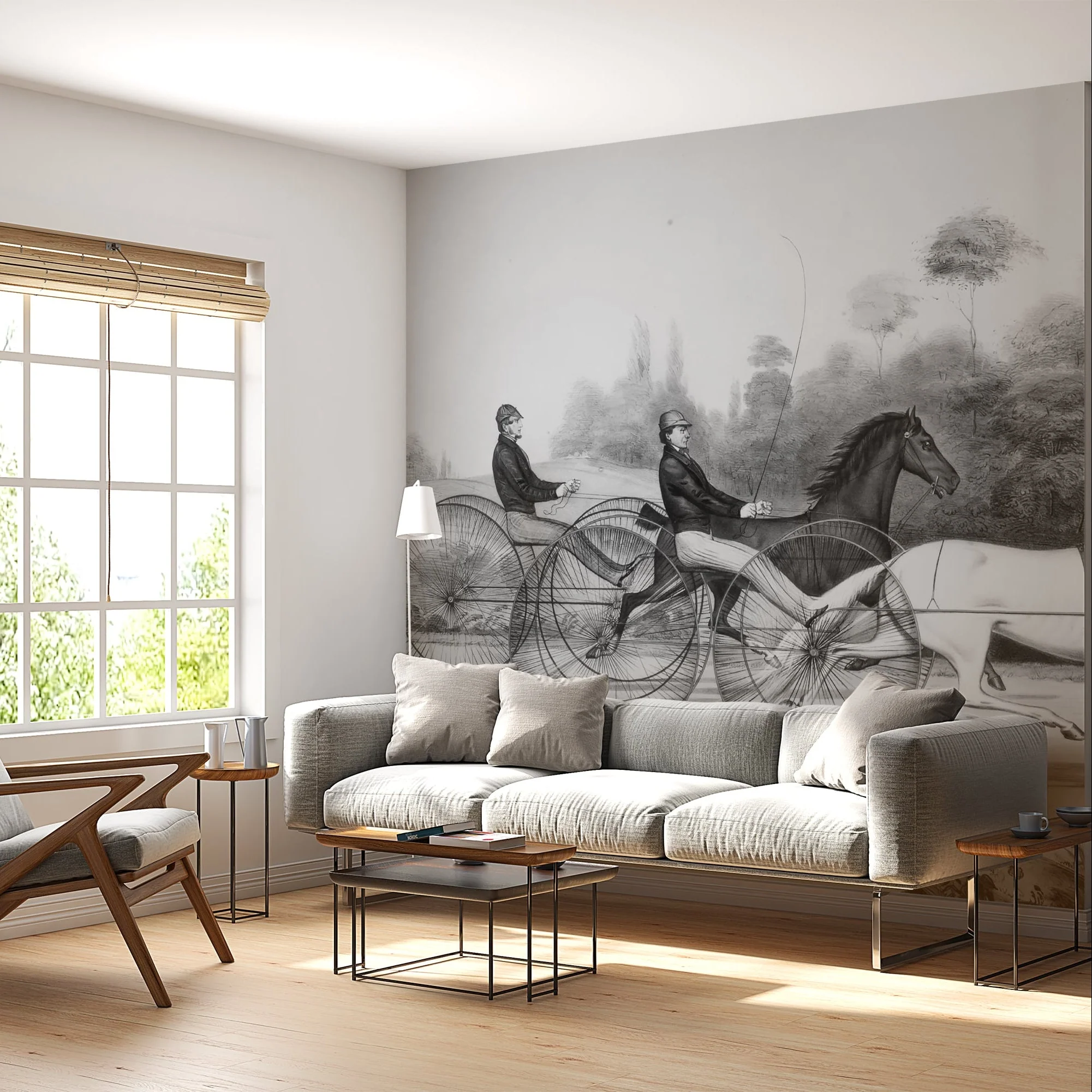 Vintage Horse Racing Black and White Wallpaper Mural