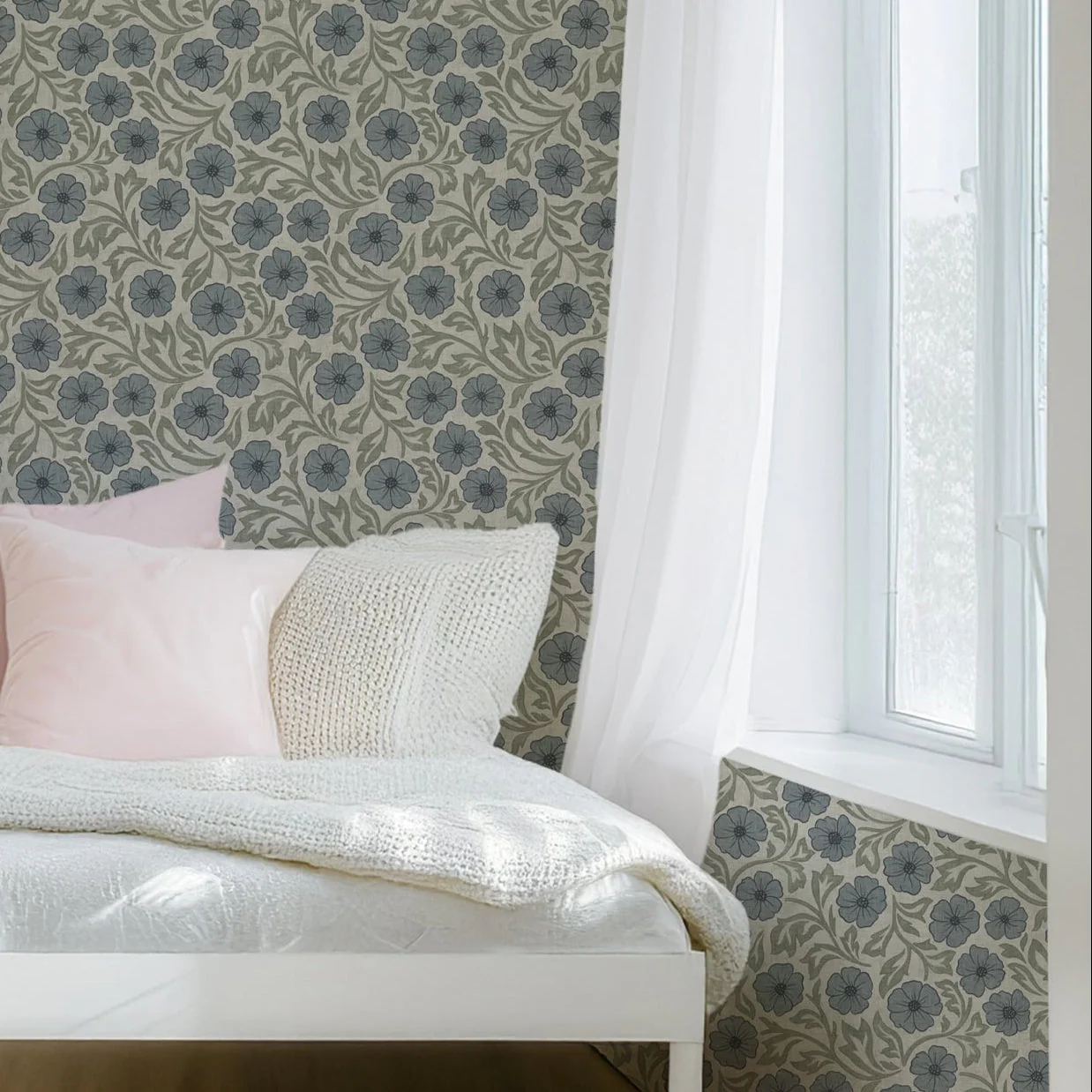 Blue and Green Linen Flowers Wallpaper | Hand-Drawn Vintage Floral
