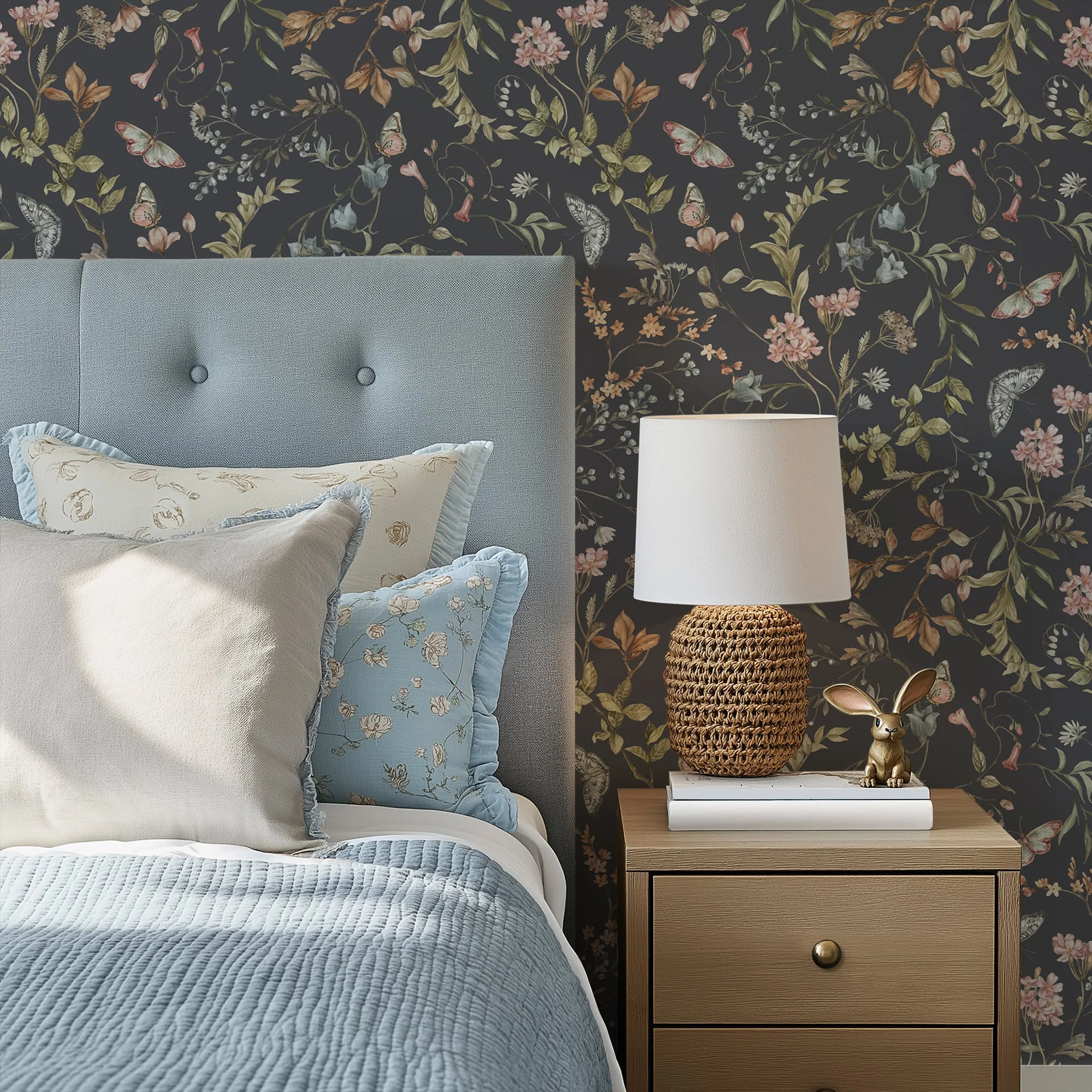 Cottage Meadow Twilight – Navy Floral Wallpaper with Butterflies