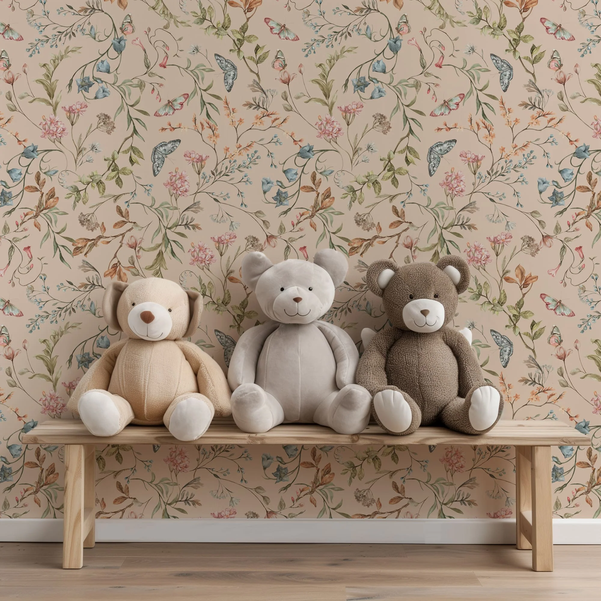 Cottage Meadow Blush – Peach Floral Wallpaper with Butterflies