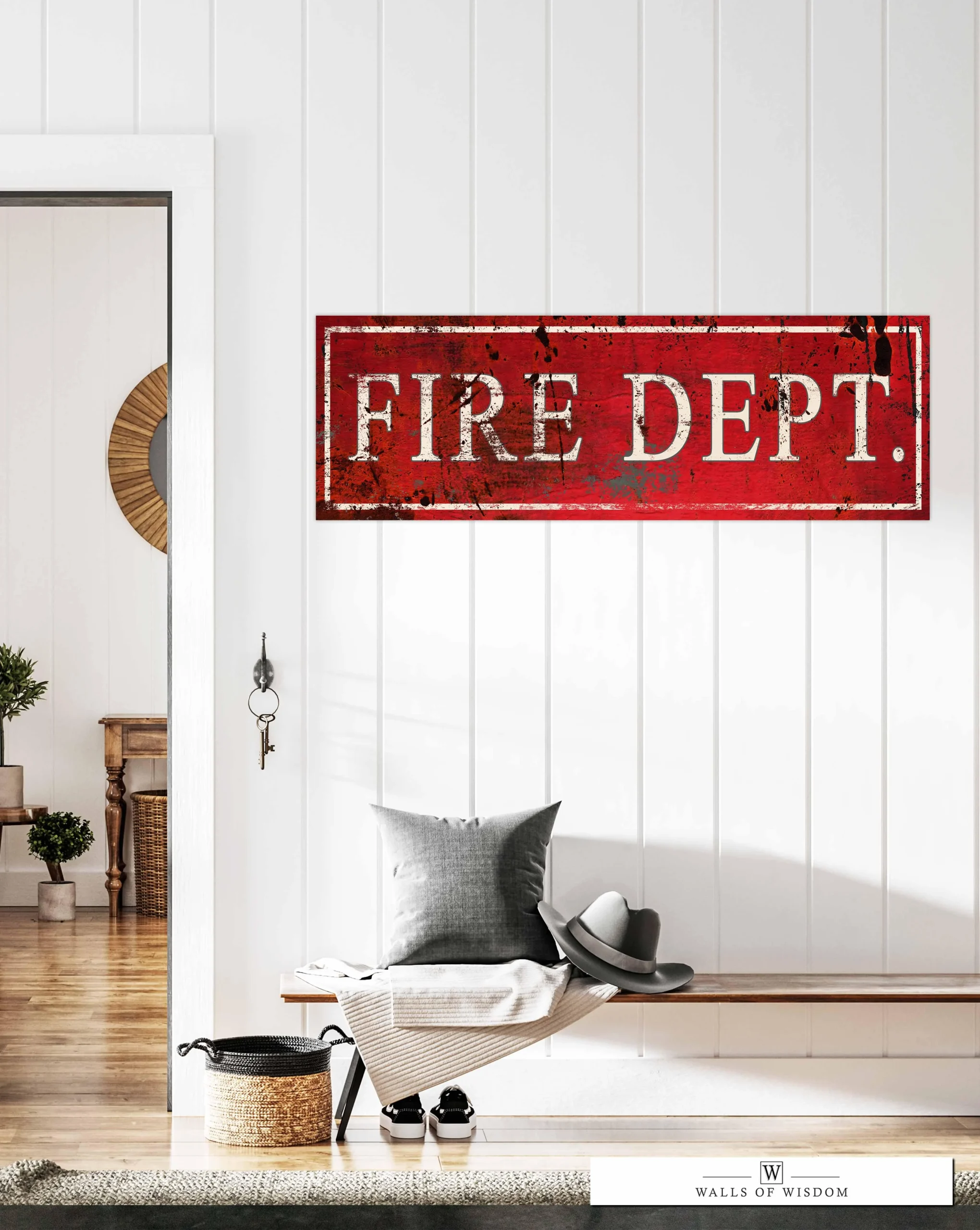 Red Fire Dept. Vintage Fireman Canvas Wall Art- Firefighter Station Sign Home Wall Decor