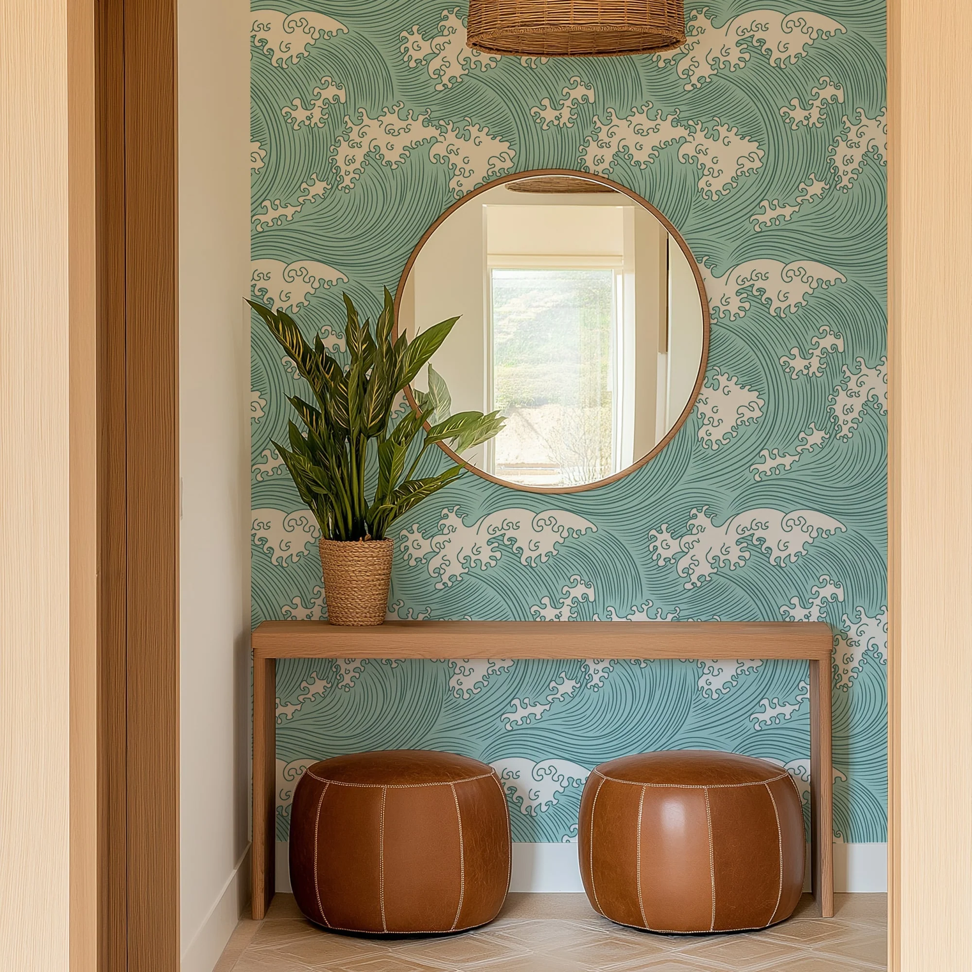 Coastal Japanese Wave Peel and Stick & Traditional Wallpaper