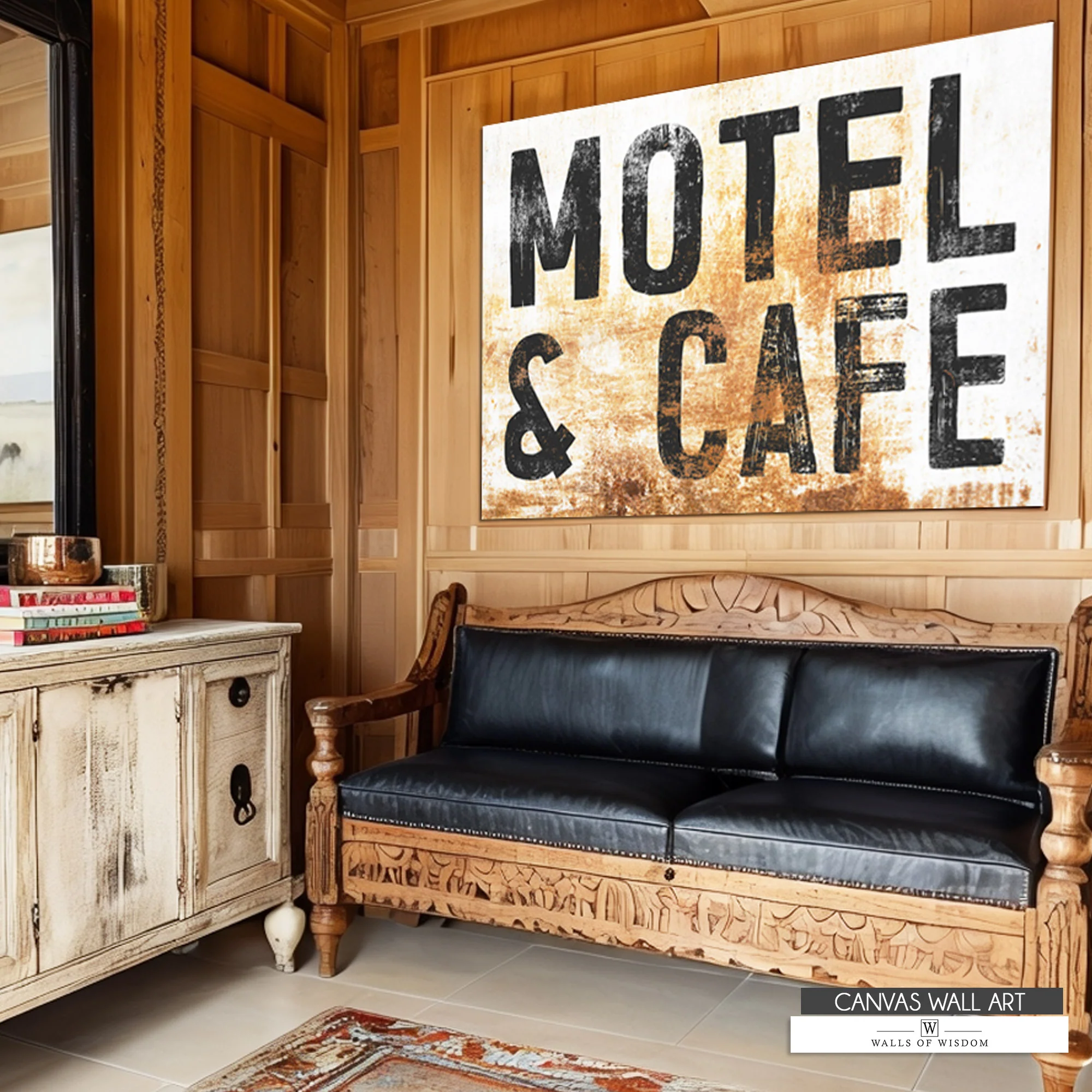 Rustic Motel & Cafe Canvas – Vintage Cowboy Sign with Western Charm