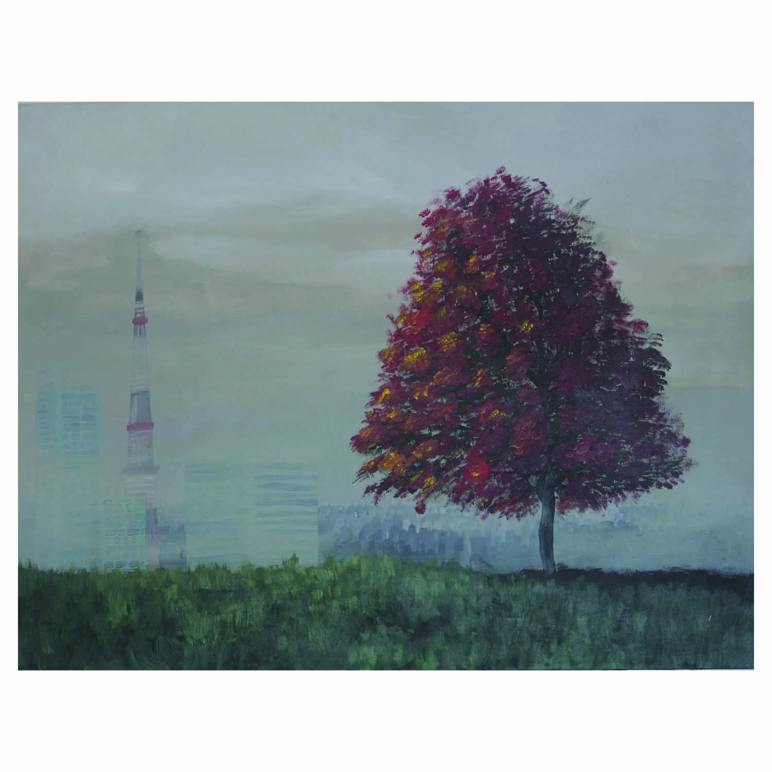 ‘Red Tree Survives in the Foreground of a Polluted City’