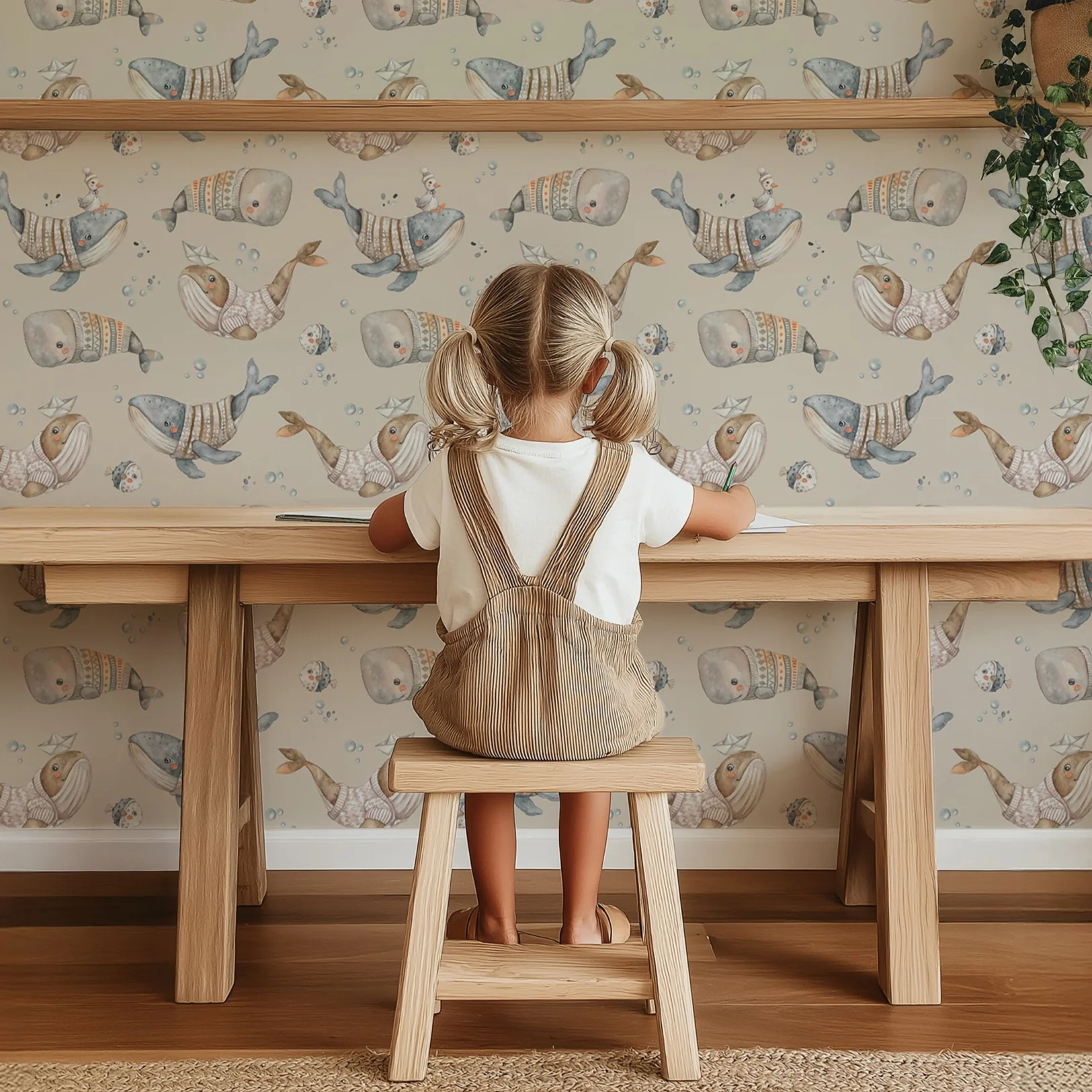 Whimsical Whale Kids Wallpaper – Cozy Ocean Adventure in Beige