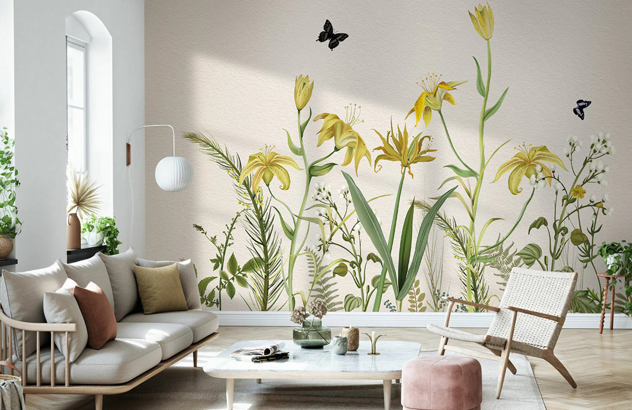 Yellow Floral Butterfly Garden Mural Wallpaper