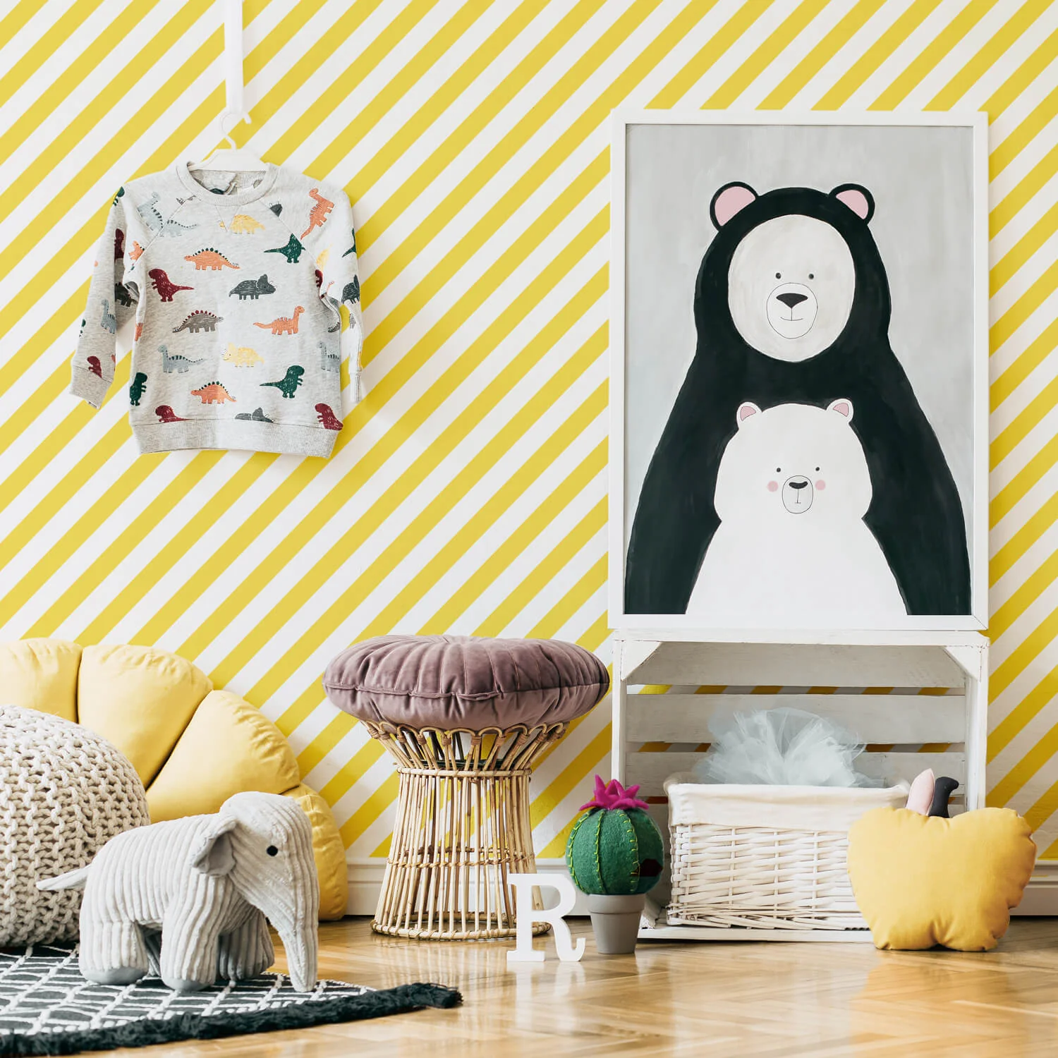 Yellow stripes kids room wallpaper