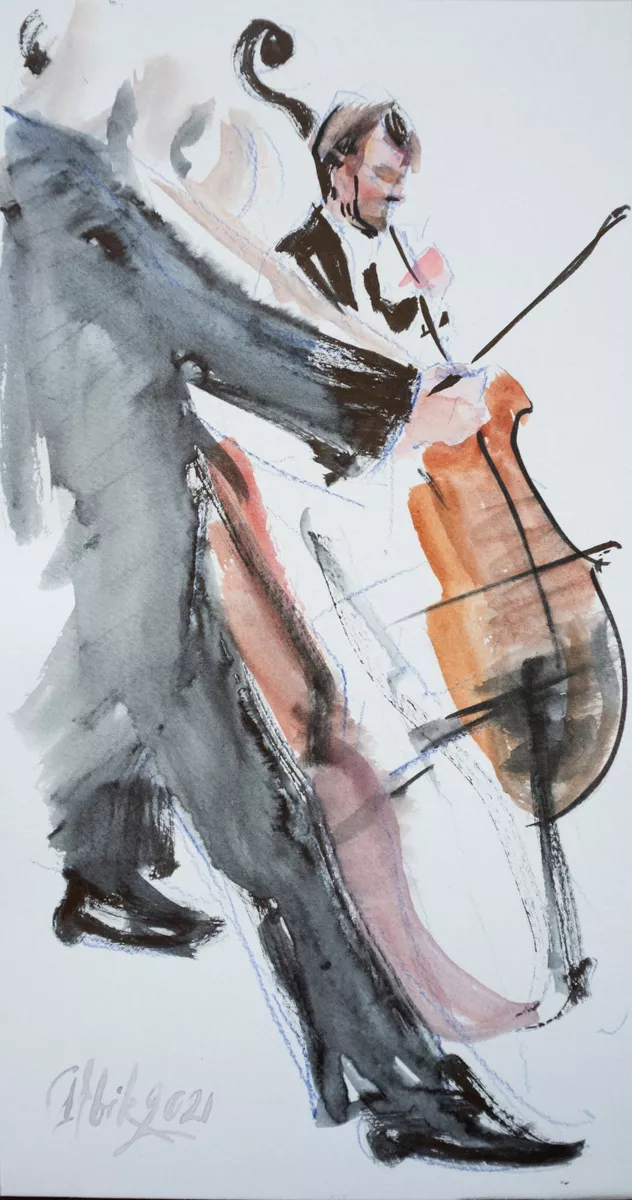 Сello. Great Hall of the Philharmonic of St. Petersburg (2021) Watercolour by Irina Bibik-Chkolian