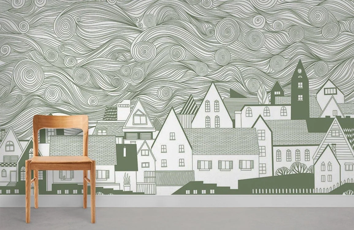 Whimsical Line Art Village Mural Wallpaper