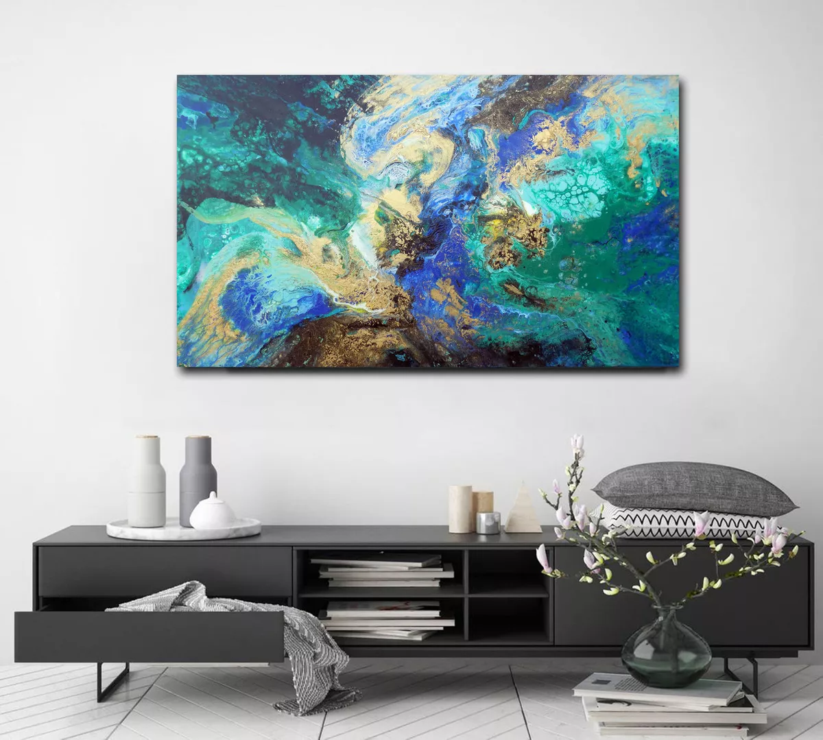 Αbstract painting art blue green gold metallic - Deep river (2022) Acrylic painting by Areti Ampi
