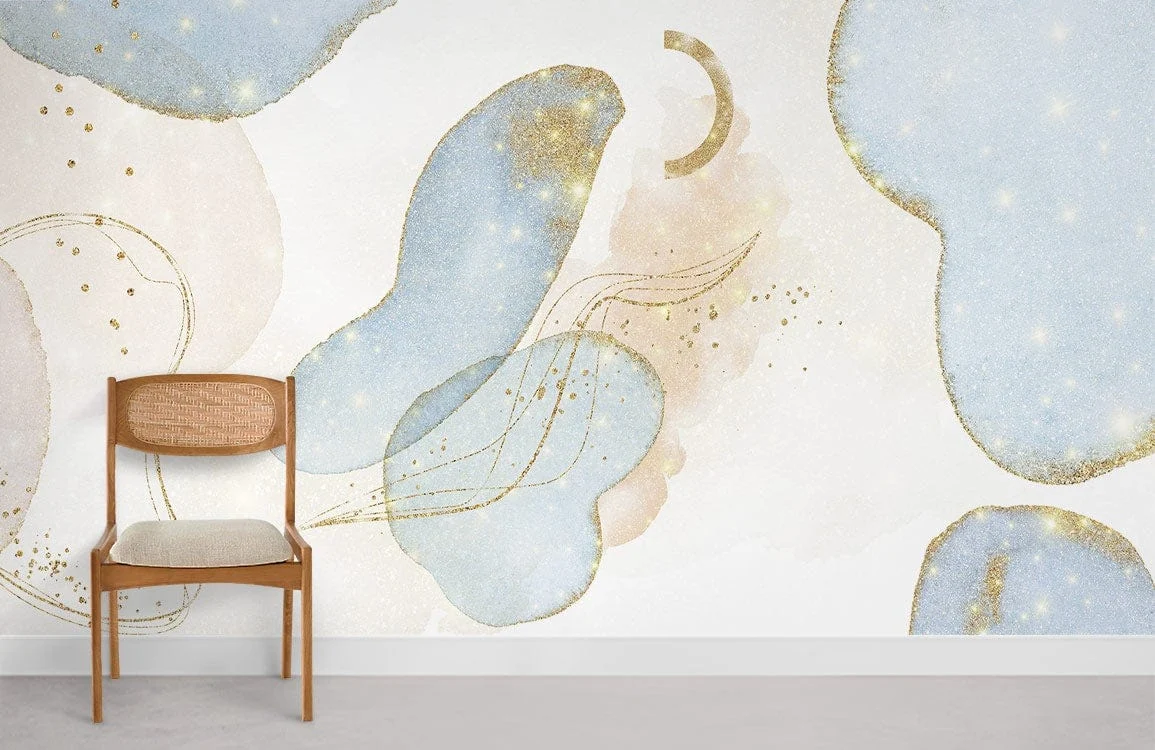Abstract Blue Gold Watercolor Wallpaper Mural