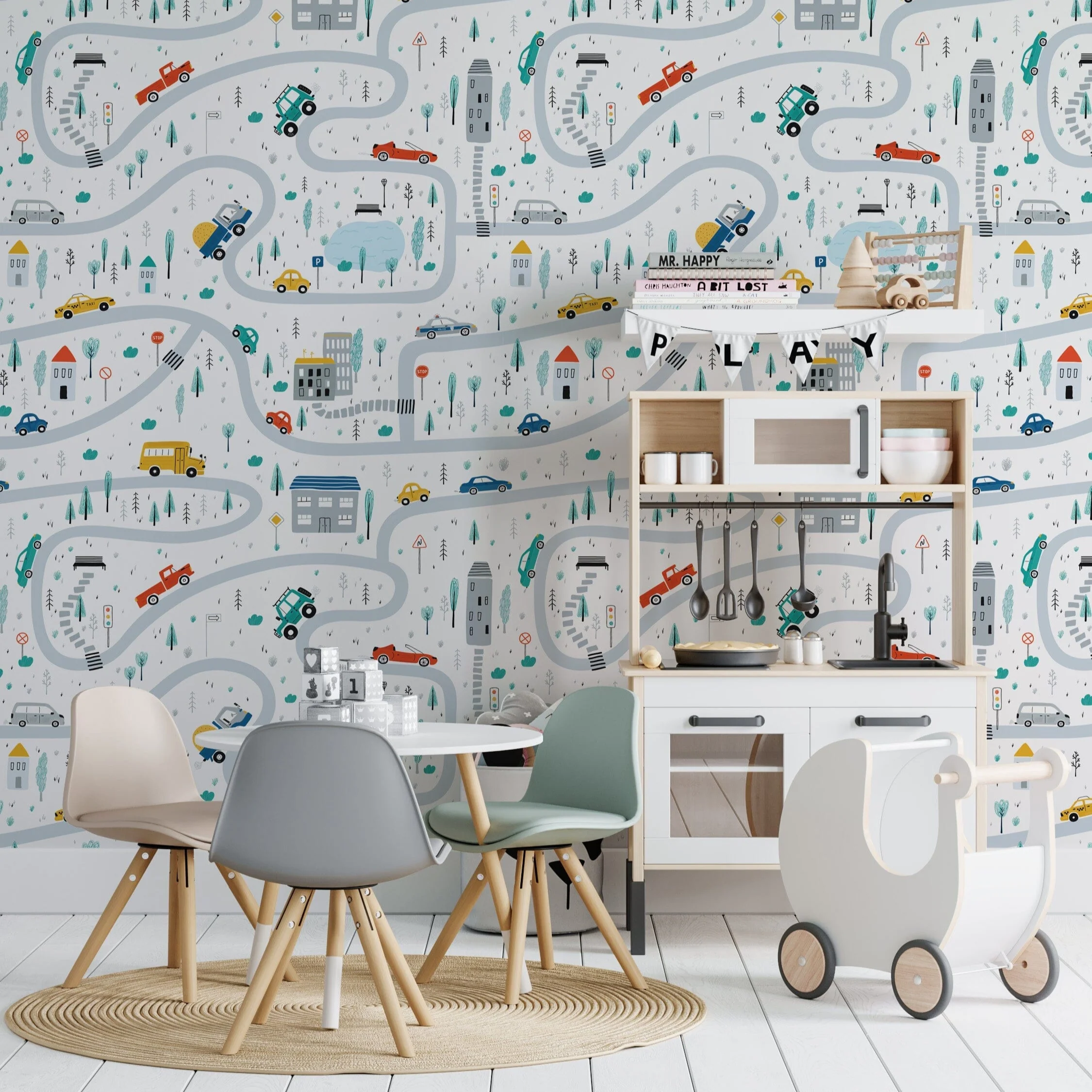 Playroom Wallpaper for Boy's Room | Cars, Roads, Houses