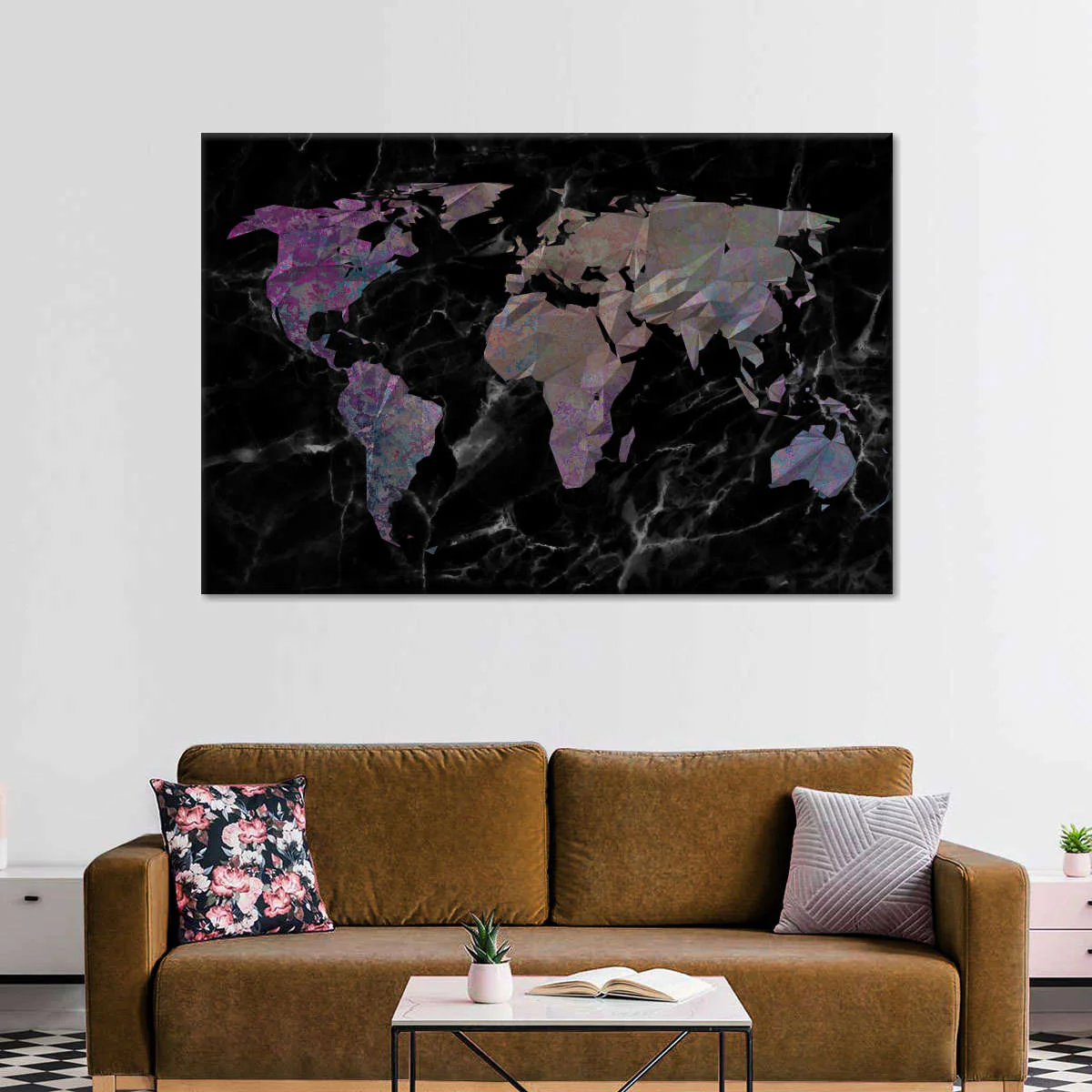 Dark Geometric World Map Wall Art