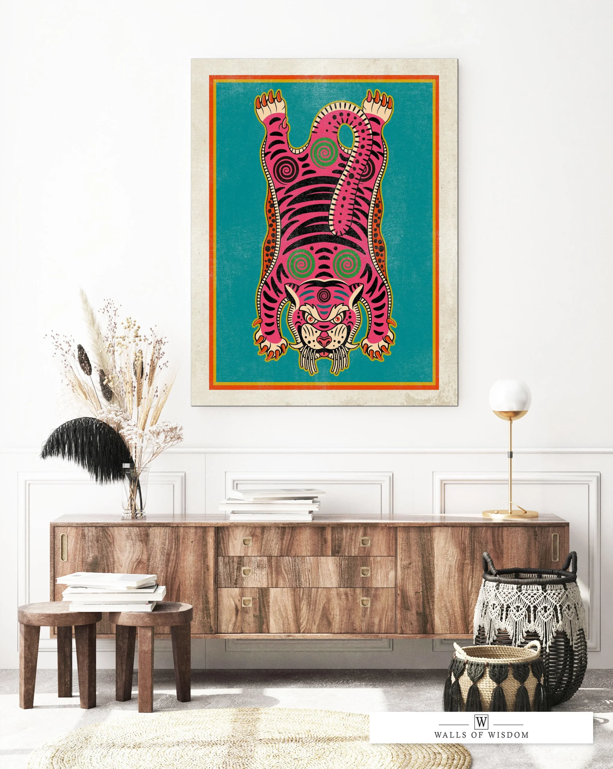 Pink Tibetan Tiger Rug Decor Wall Art- Bright Pink Bohemian Cat Canvas Print