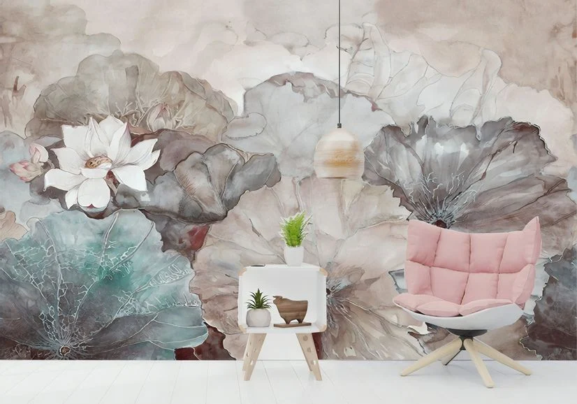 Vintage Floral with Retro Lotus Leaf Wallpaper Mural