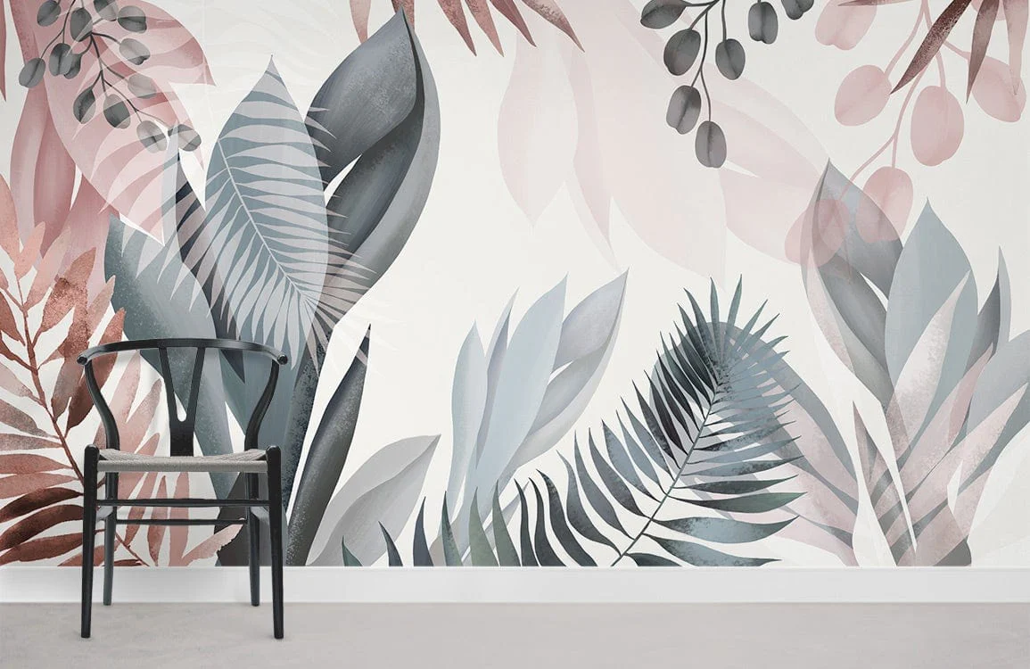Soft Pastel Botanical Leaf Mural Wallpaper